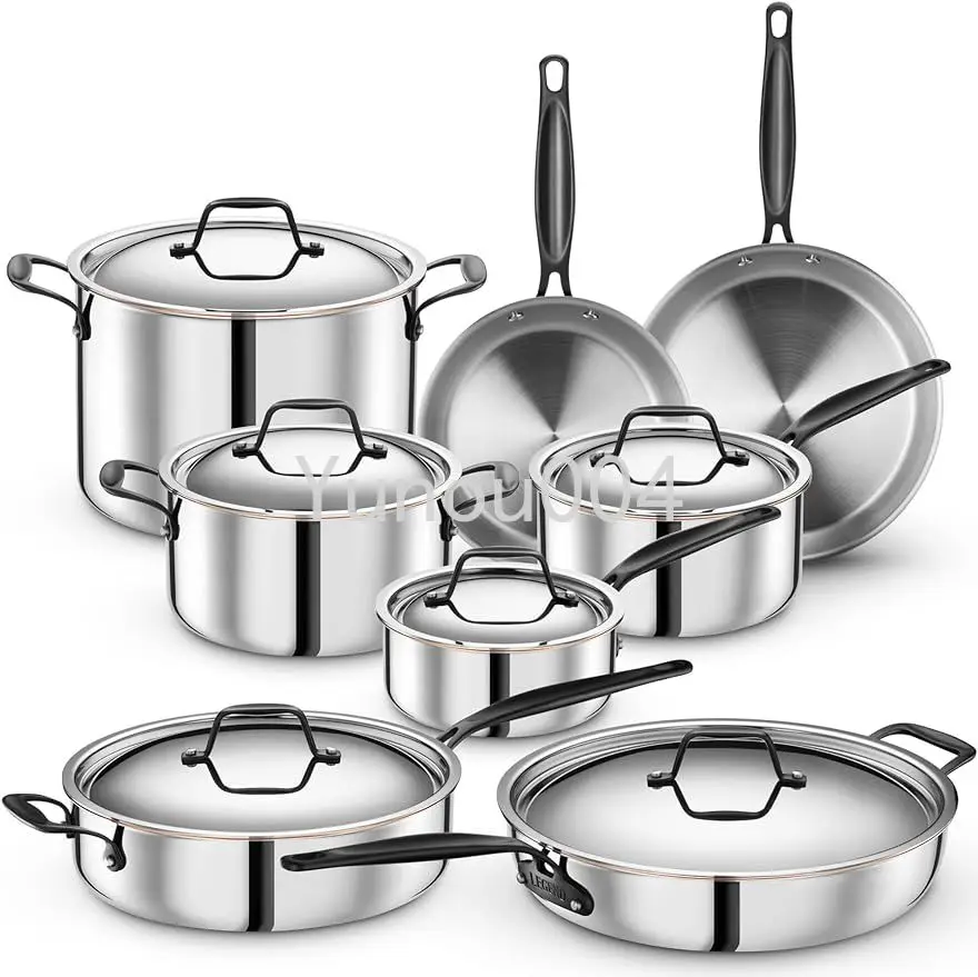 

14 Pc Copper Core Stainless Steel Pots & Pans Set | Pro Quality 5-Ply Clad Cookware | Professional Chef Grade