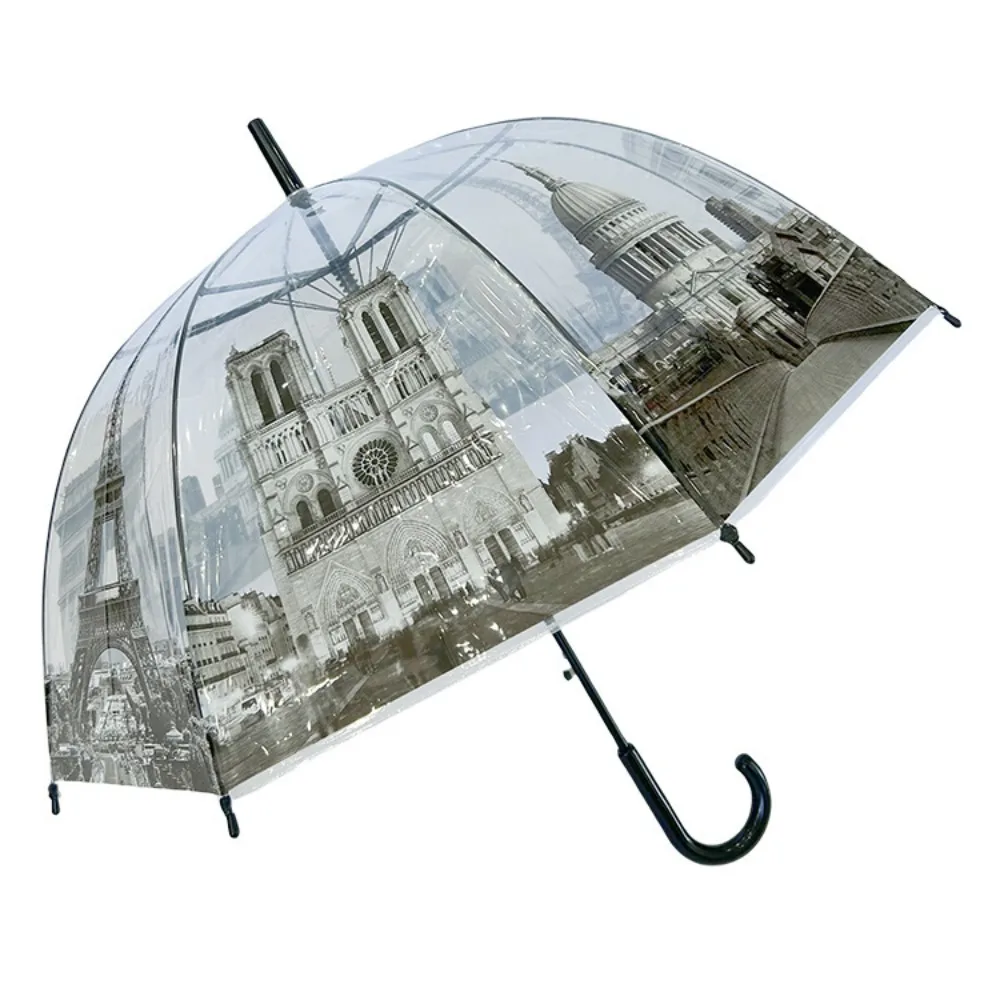 

8 Ribs Dome Clear Umbrella, Vintage Crook Semi-Auto, Lightweight Strong Windproof Sturdy Durable Rainproof Classic Design