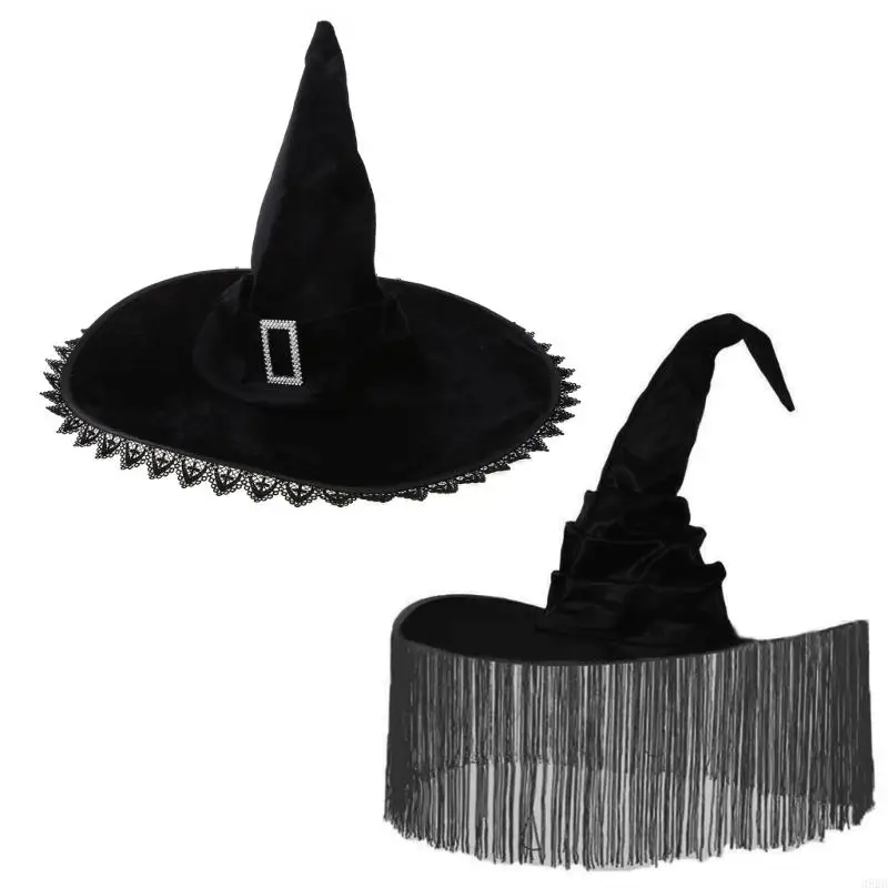 

652F Black Witch Hat for Halloween Wide Brim Party Hat Women Witchcap Wizard Hat Carnival Costume Night Club Female Headdress