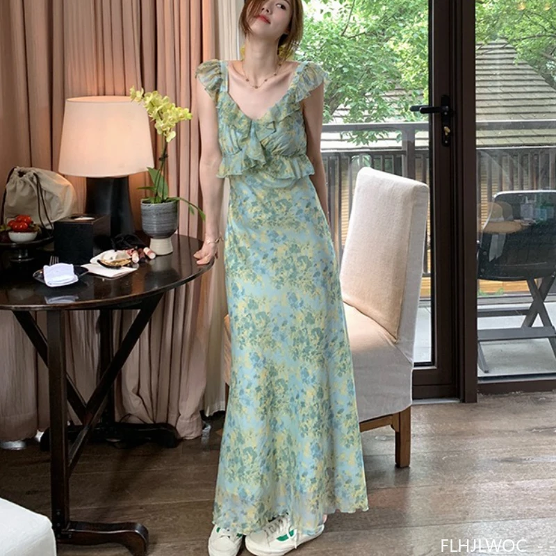 

Лидер продаж, праздничное платье для медового месяца, Sweet 2025 Y2K, милое длинное платье макси с цветочным принтом для девочек в стиле ретро, винтажное зеленое платье с оборками для свиданий