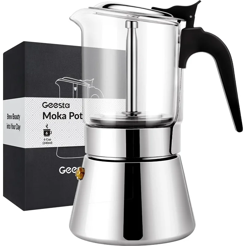 

GEESTA Premium Crystal Glass-Top Stovetop Espresso Moka Pot - 4 / 6/ 9 Cups Stainless Steel Coffee Maker- 240ml/8.5oz/6 cup