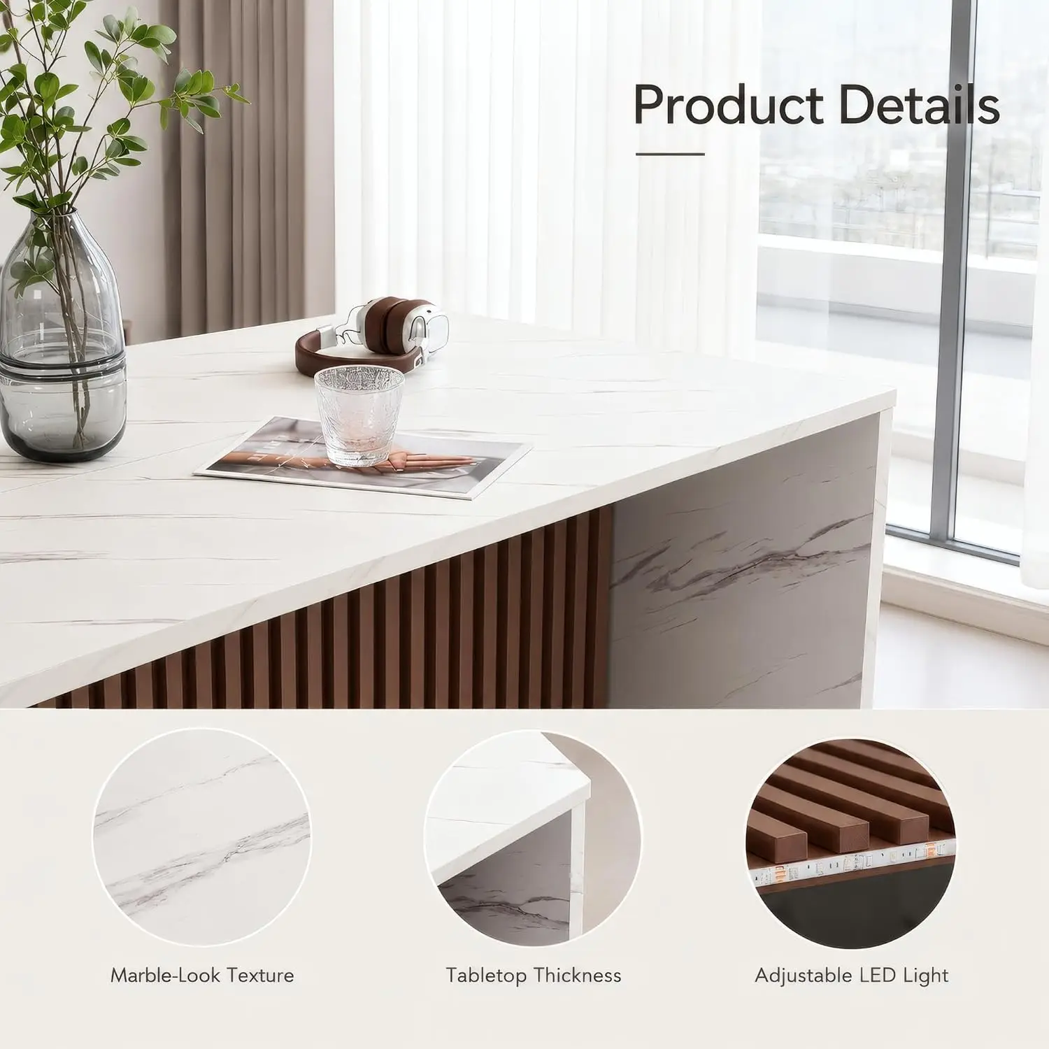 59" Marble Dining Table for 4-6 People, Modern Kitchen Island Table with Grille & LED Lights, White, Customized image 4