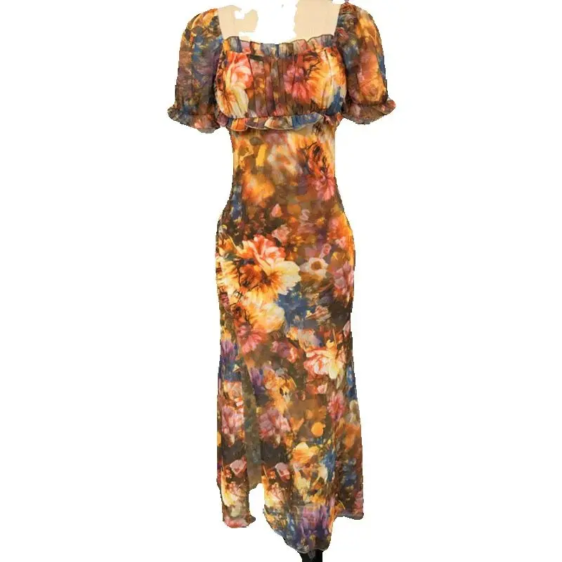 Boho Vakantie Zomer Strandjurk Dames Lente Vierkante Kraag Holle Split Bodycon Lange Jurk Sexy Puffmouw Geruite Maxi Jurken - afbeelding 2
