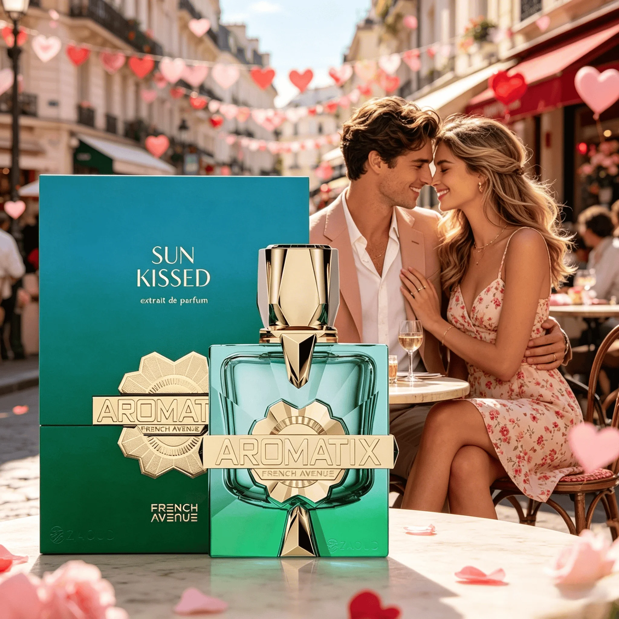 French Avenue Aromatix Sun Kissed Extrait De Parfum For Women Bright Juicy Floral Fruity Citrus Aroma Long Lasting Transparent Turquoise Square Bottle With Embossed Gold Metal Badge Daily Dating Summer Travel Present view 5