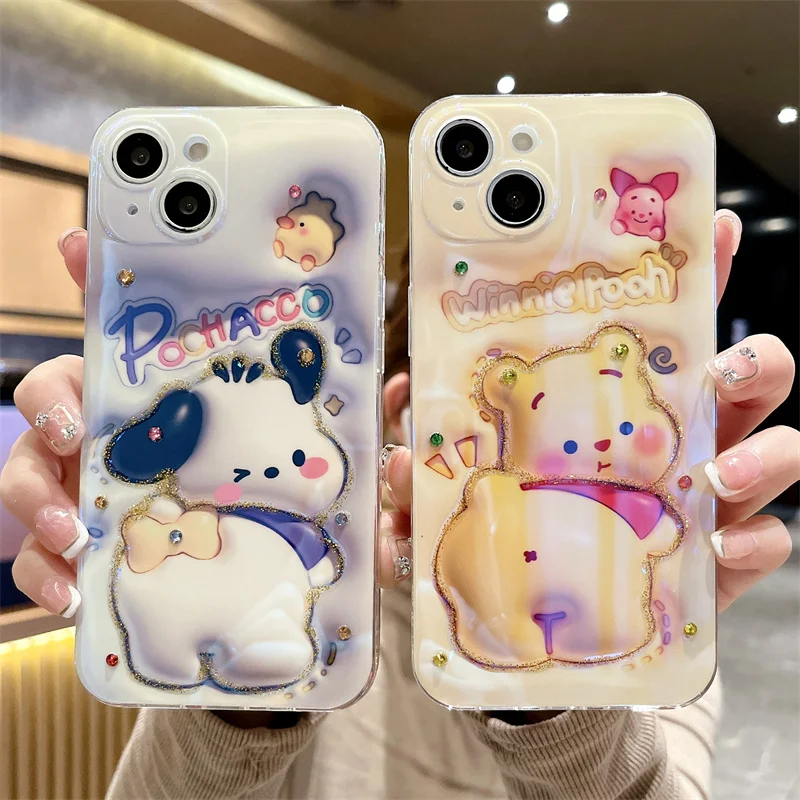 

14Pro Shiny Gems Cutie Pooh Phone Case For iPhone13 12 11Promax XSMAX 78PLUS SE2020 XR Soft Cover Shell Body Protection