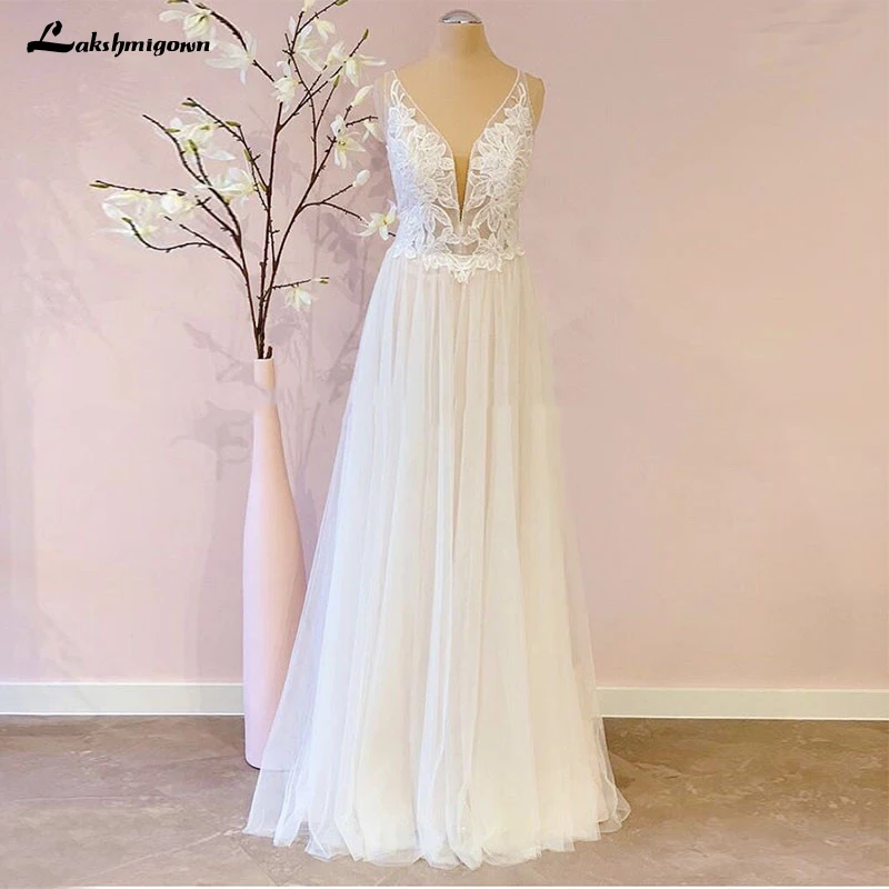 Elegant Bohemian Wedding Dresses Floor Length Illusion Bodice Backless Lace Appliques A-Line Bridal Gowns vestido de noiva