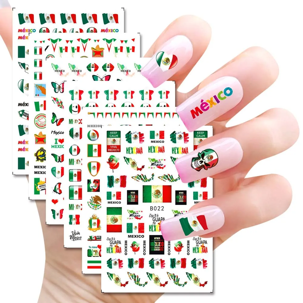 

1Pcs Mexico USA Flag Nail Art Stickers American Independence Day National Mexican Butterfly Heart Flame Series Nail Decal Slider
