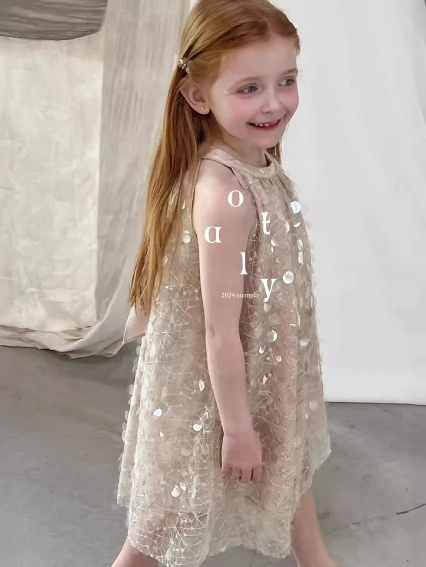 Summer Children Girl\'s Golden Sleeveless A-line Sequin Dress Kid Girl\'s Spanish Style Gold Bow Skirt Birthday Party Dresses 9T