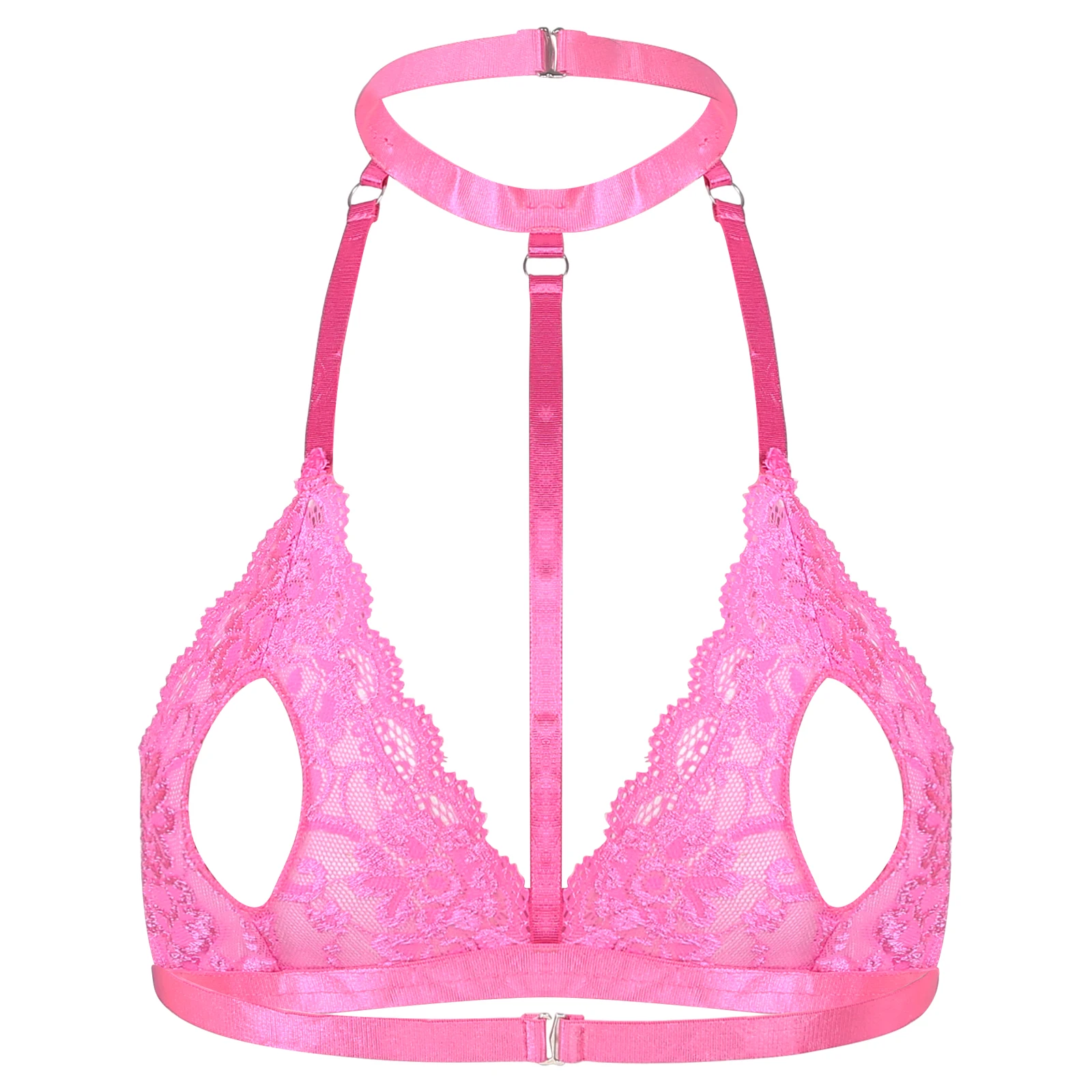 Women See-through Lace Unlined Wireless Bra Tops Halter Neck Strappy Hollow Out Open Nipples Lingerie Brassiere