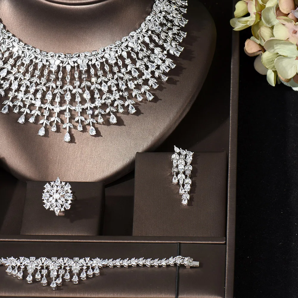 HIBRIDE Luxury Dubai Nigeria CZ Crystal 4pcs Bridal Zirconia Full Jewelry Sets For Women Party Wedding Jewelry Accessories N-876