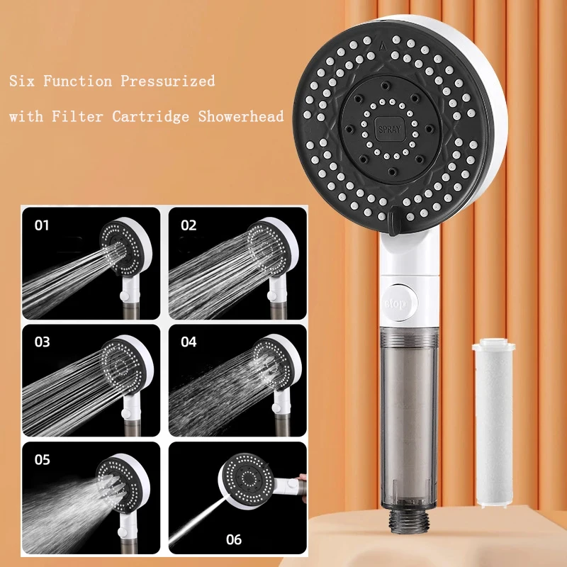 6 Modes Filter Shower Nozzle Anti Limestone High Pressure Rain Showerhead Water Stop Hose Support Faucet Bathroom Accessories