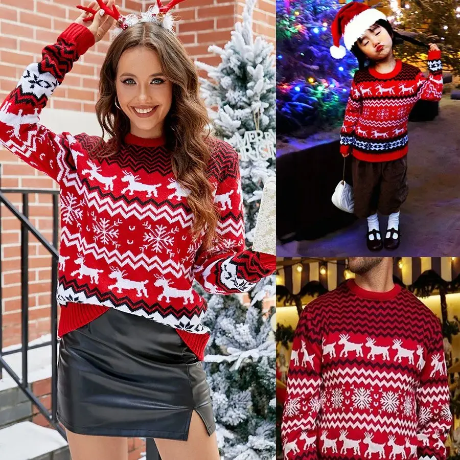 

2025 Christmas Sweaters Women Men Boys Girls Matching Outfits Couples Kids Casual Knitwear Long Sleeve Jumpers Xmas Family Look