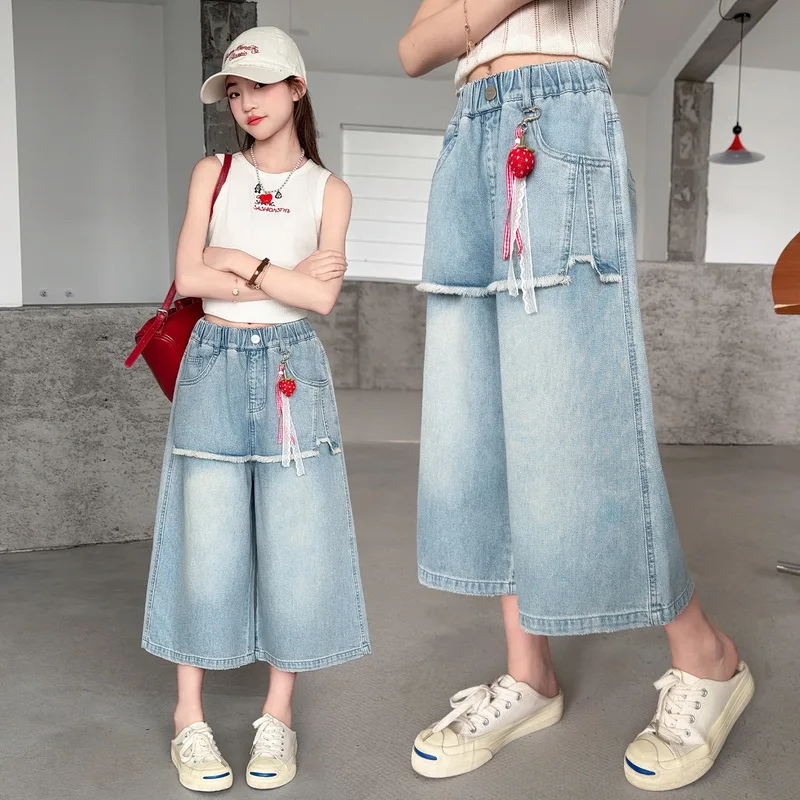 Street Style Kids Children Summer Wide Leg Cropped Jeans With Fart Curtain for Girls Trendy Denim Capri Mid-Calf Jeans Pants