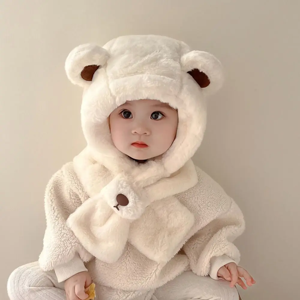 Solid Color Bear Plush Hat Fashion Design Korean Style Children Fleece Hat Muffler Cartoon Plush Hat with Scarf Face Protection