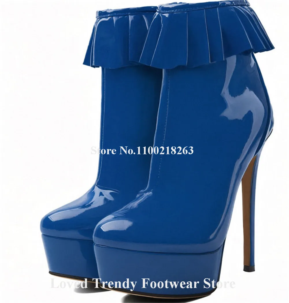Emeline Dubois Red Blue Yellow Patent Leather Ruffles Stiletto Heel Short Boots Round Toe High Platform Thin Heel Ankle Boots