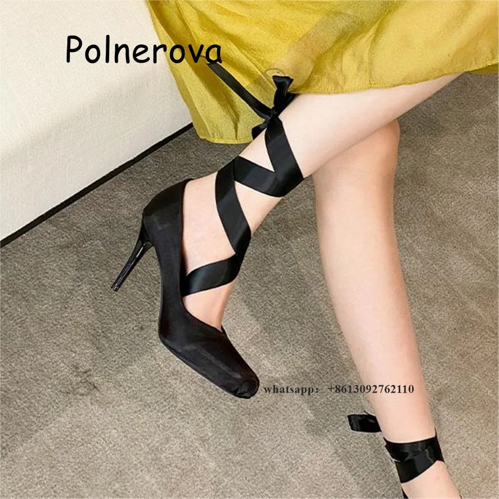 Satin Square Toe Pumps Cross Tied Women's Shoes Thin High Heels Shallow Summer Casual Sweet Girls All-Match Fashion Shoes