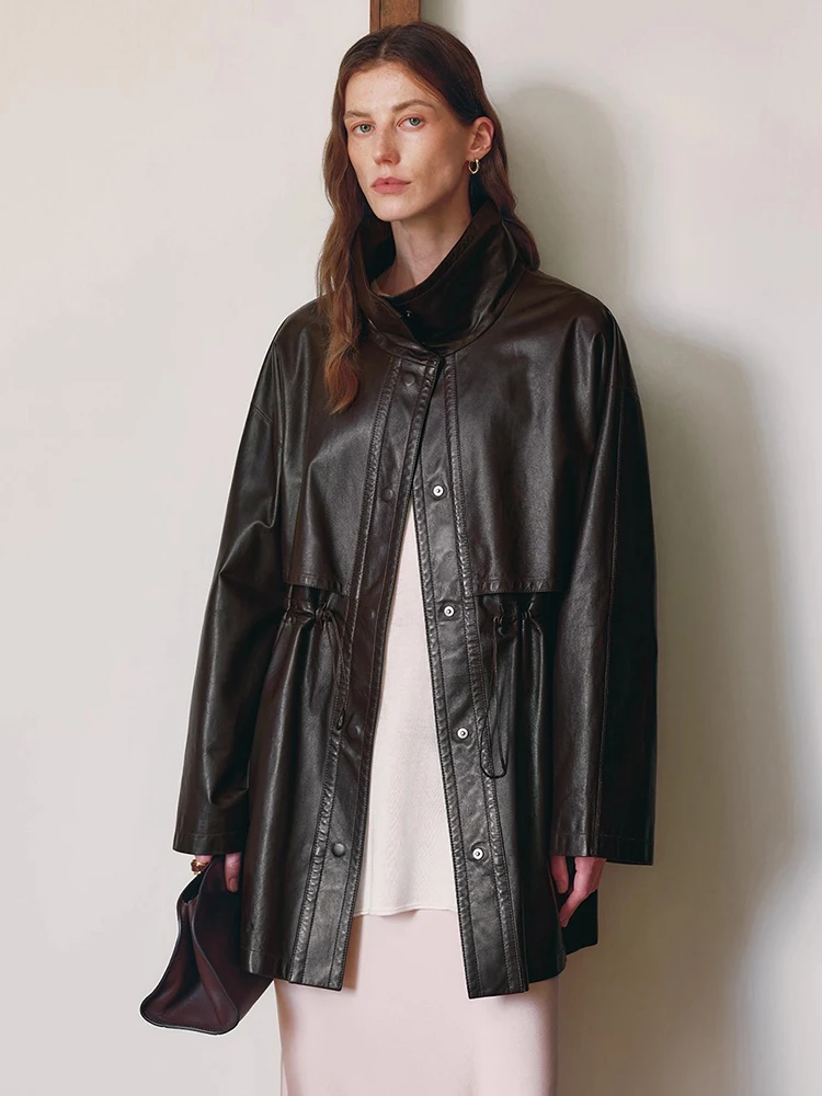 ความยาวกลางของแท้หนัง Windbreaker แจ็คเก็ตผู้หญิงฤดูใบไม้ผลิฤดูใบไม้ร่วง High-end Simple STAND COLLAR นุ่ม Real Sheepskin Coat