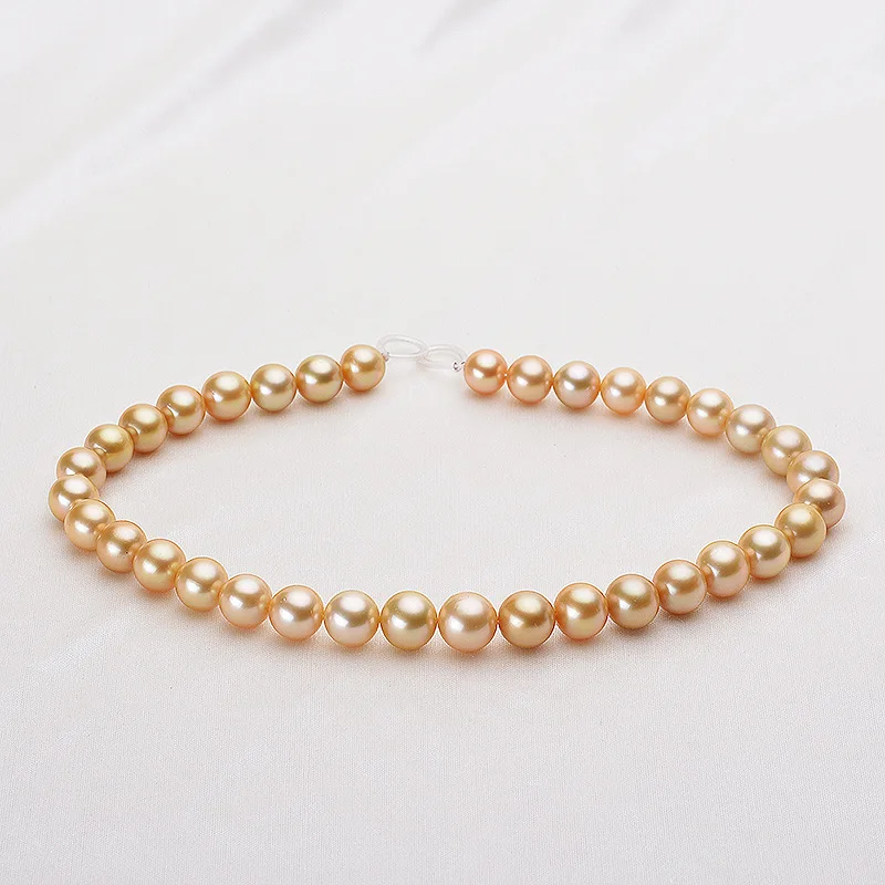 Elegant Natural 8-9mm Gold Round Pearl Jewelry Women Necklace,925 Sterling Silver Fine Beads Jewelry