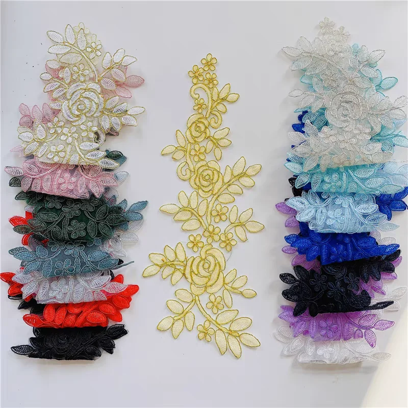 Sewing Lace Fabrics 1 Pairs/lot Size 14x35cm Colors Ganza Embroidery Flower Large Lace Applique For Wedding Dress Bridal Gown