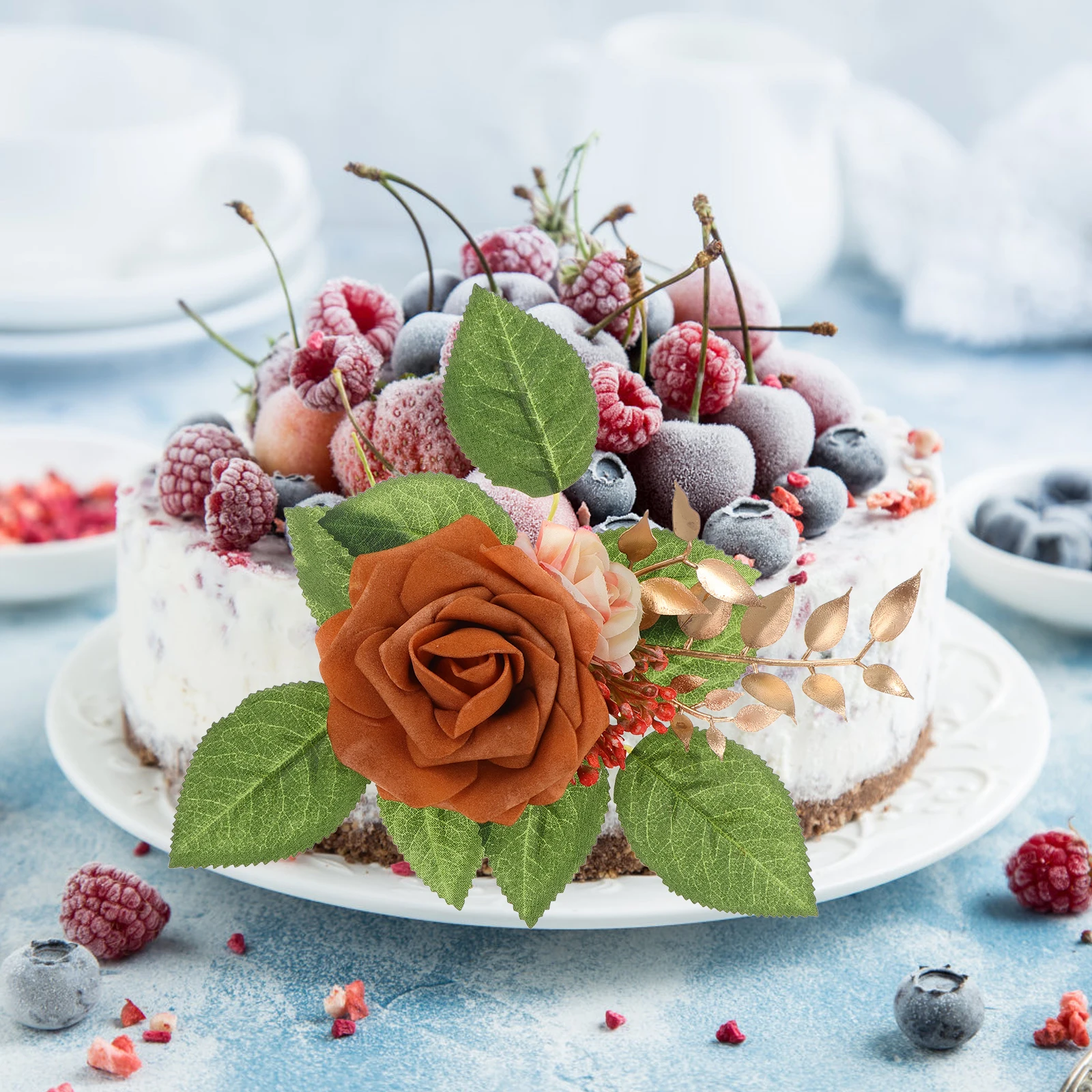 

1pcs Burnt Orange Flower Cake Toppers Orange Artificial Flowers Fall Wedding Bouquets Faux Floral Swag Diy Bridal Bouquet