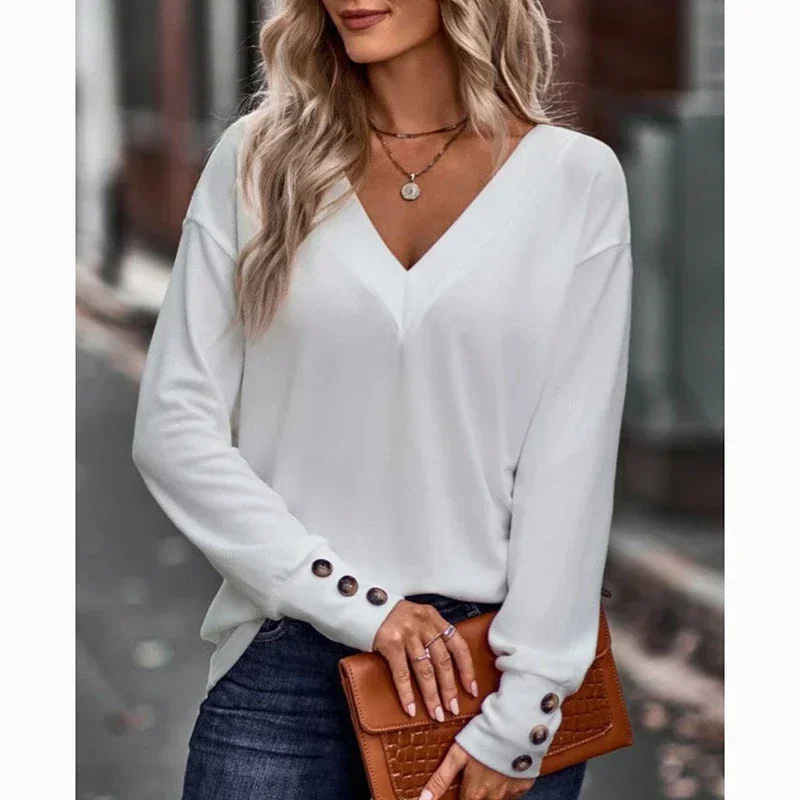 Herfst Dunne V-Hals Pullover T-Shirt Vrouwen Casual Losse Lange Mouw Vrouw T-Shirts Winter Nieuwe Elegante Solide Kantoor Dame Tees 29767