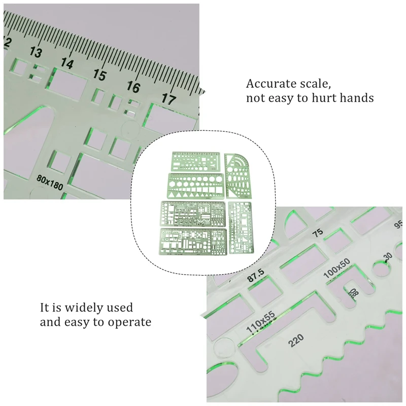 Plantillas de medición de plástico para construcción, plantillas de encofrado, reglas de dibujo geométrico para oficina y escuela, verde, 6 piezas