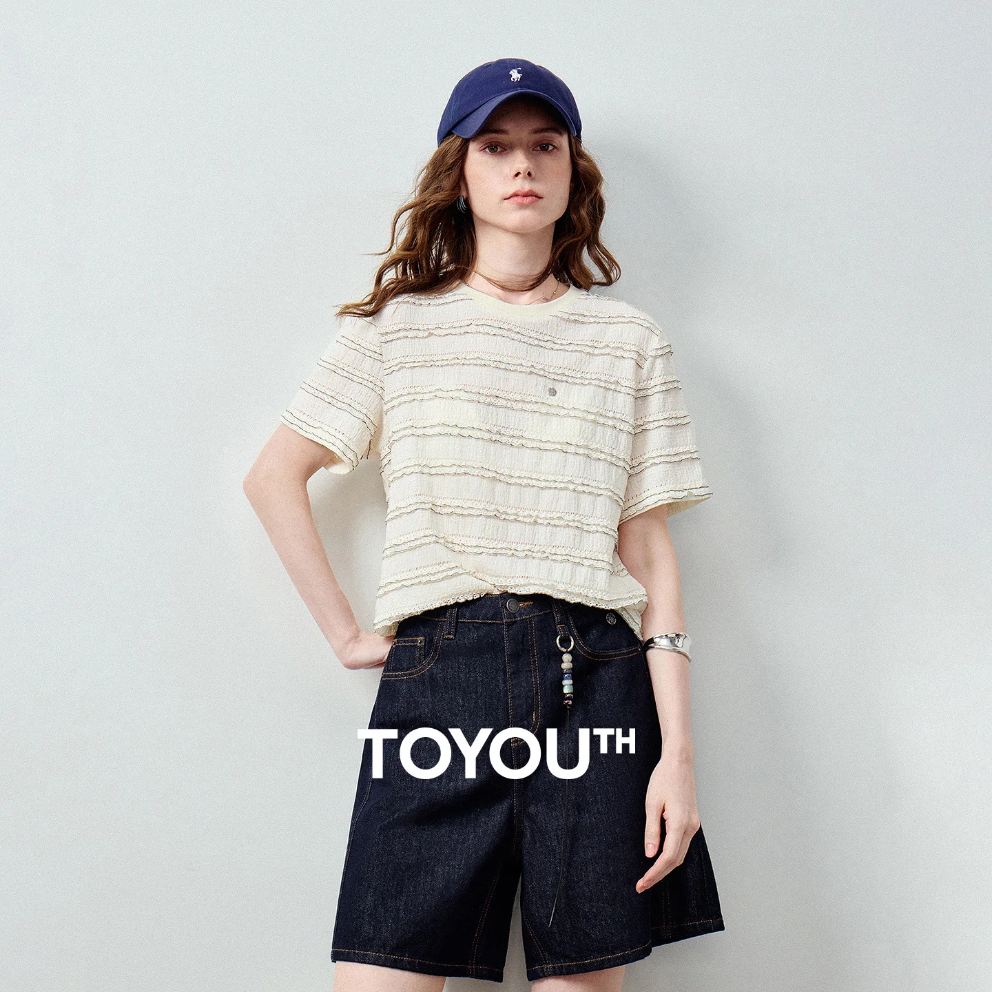 TOYOUTH Women Knit Texture Hollow Striped T-shirt 2026 Summer New Lace Crew Neck Casual Romantic Tops
