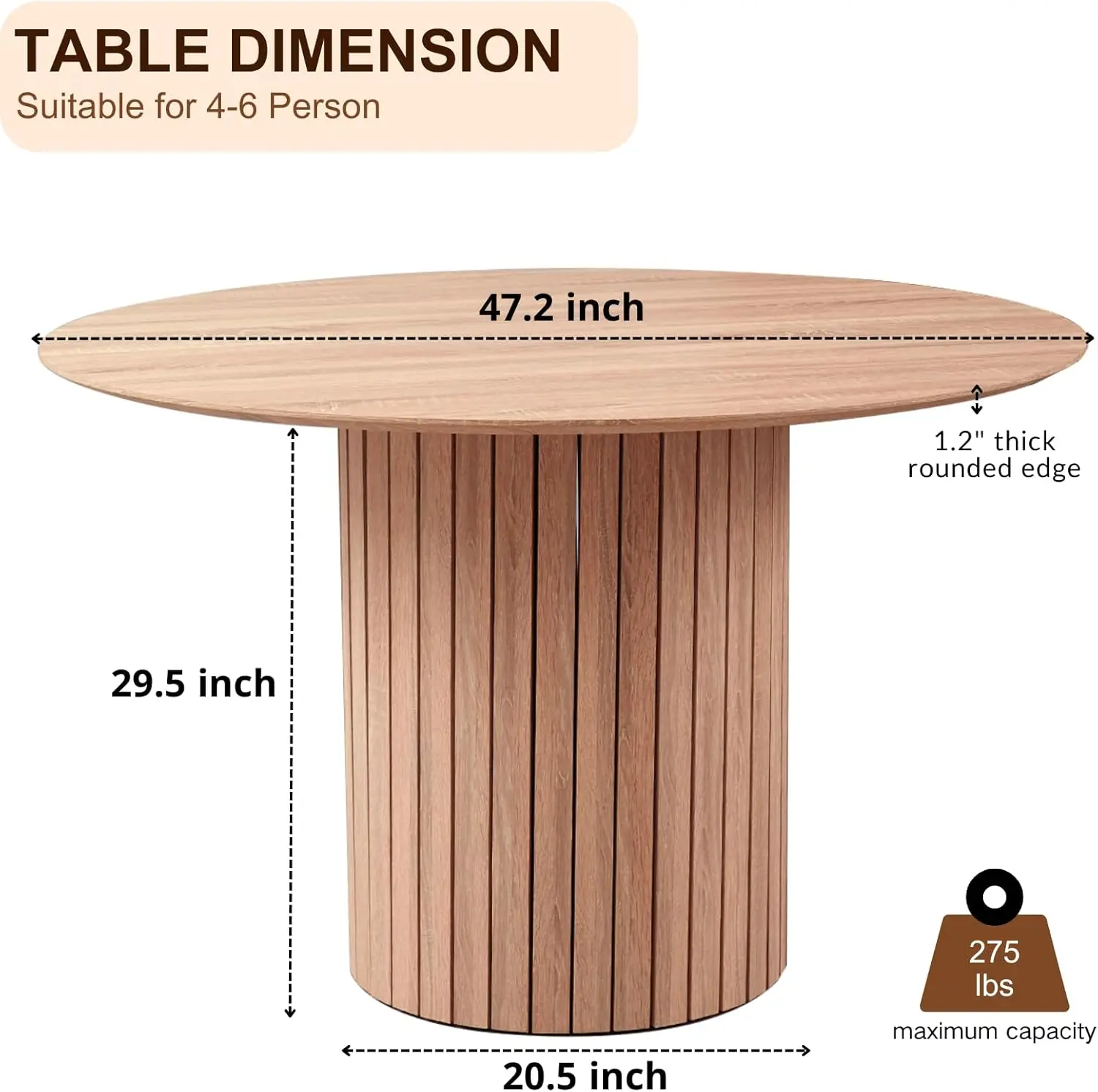 Tavolo da pranzo rotondo, tavolo da cucina moderno in legno da 47 pollici per 4, tavolo da fattoria con piano in due parti e colonne in strisce di legno