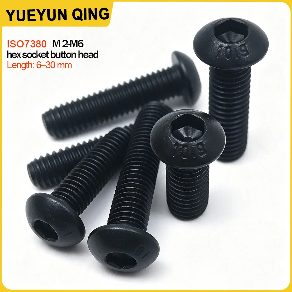 50/100pcs ISO7380 Hexagon Hex Socket Head Screws M2M2.5M4M5M6 M3 Screw Black Grade 10.9 Steel Button Mushroom Allen Bolt Screws