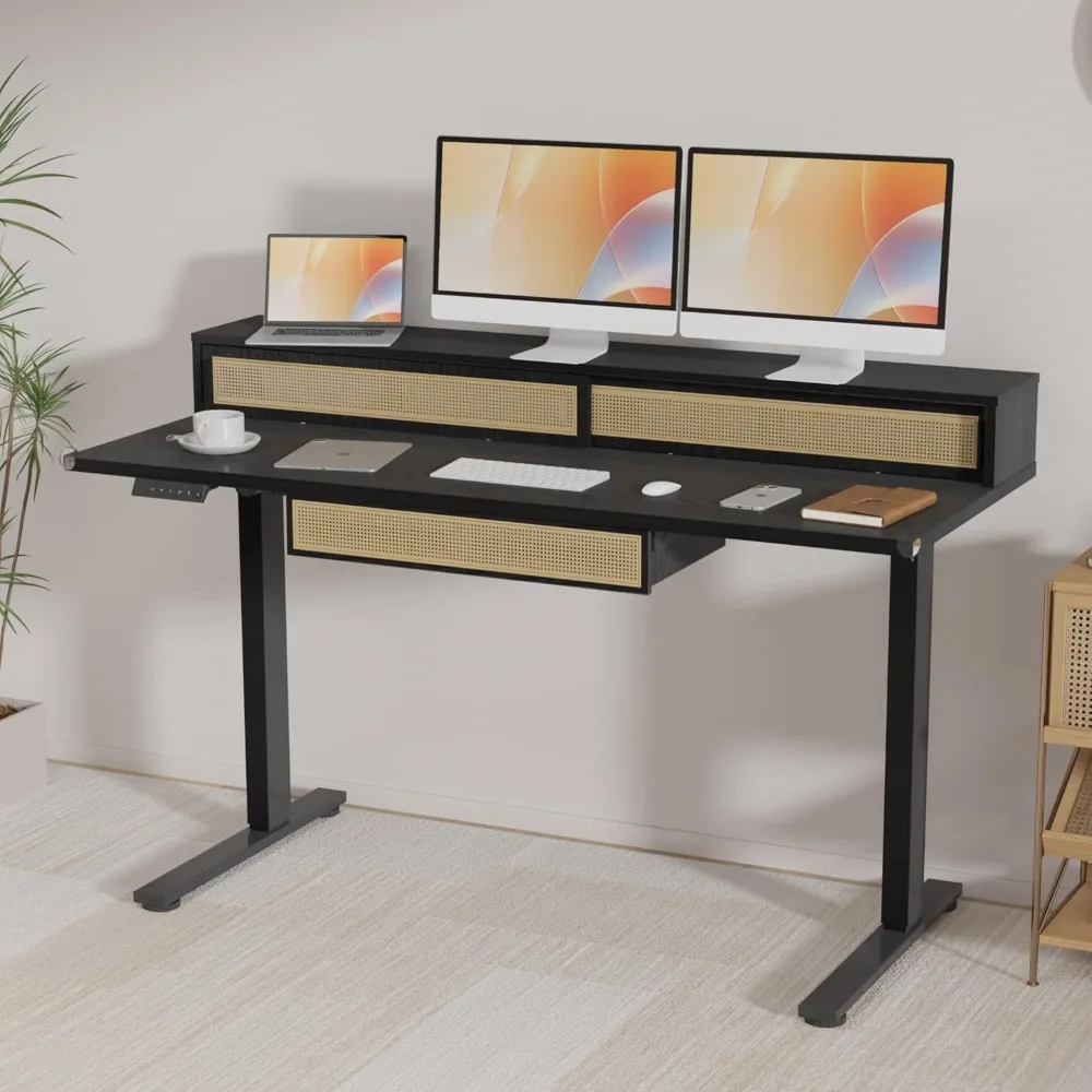 مكتب قائم كهربائي قابل للتعديل مع أدراج من الروطان ورف شاشة، 55 بوصة × 24 بوصة