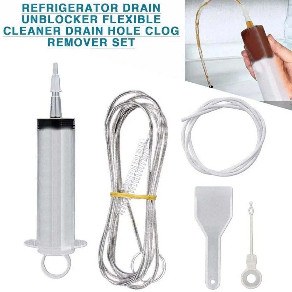 5Pcs Clean Brush Kit For Refrigerator Drain Wash Brush Suction Syringe 1.5/1M Hose Fridge Drain Hole Cleaner Stick Dredge Tool