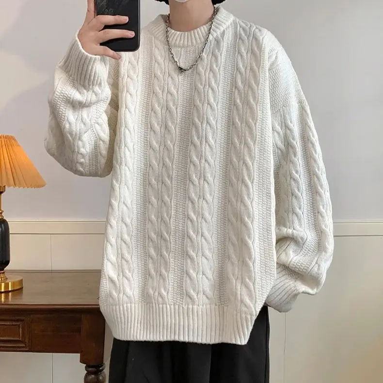 Solid Colour Ribbed Twist Pattern Round Neck Pullover Sweater Men Women Autumn Winter Couple Loose Knitted Woolen Top Warm Soft