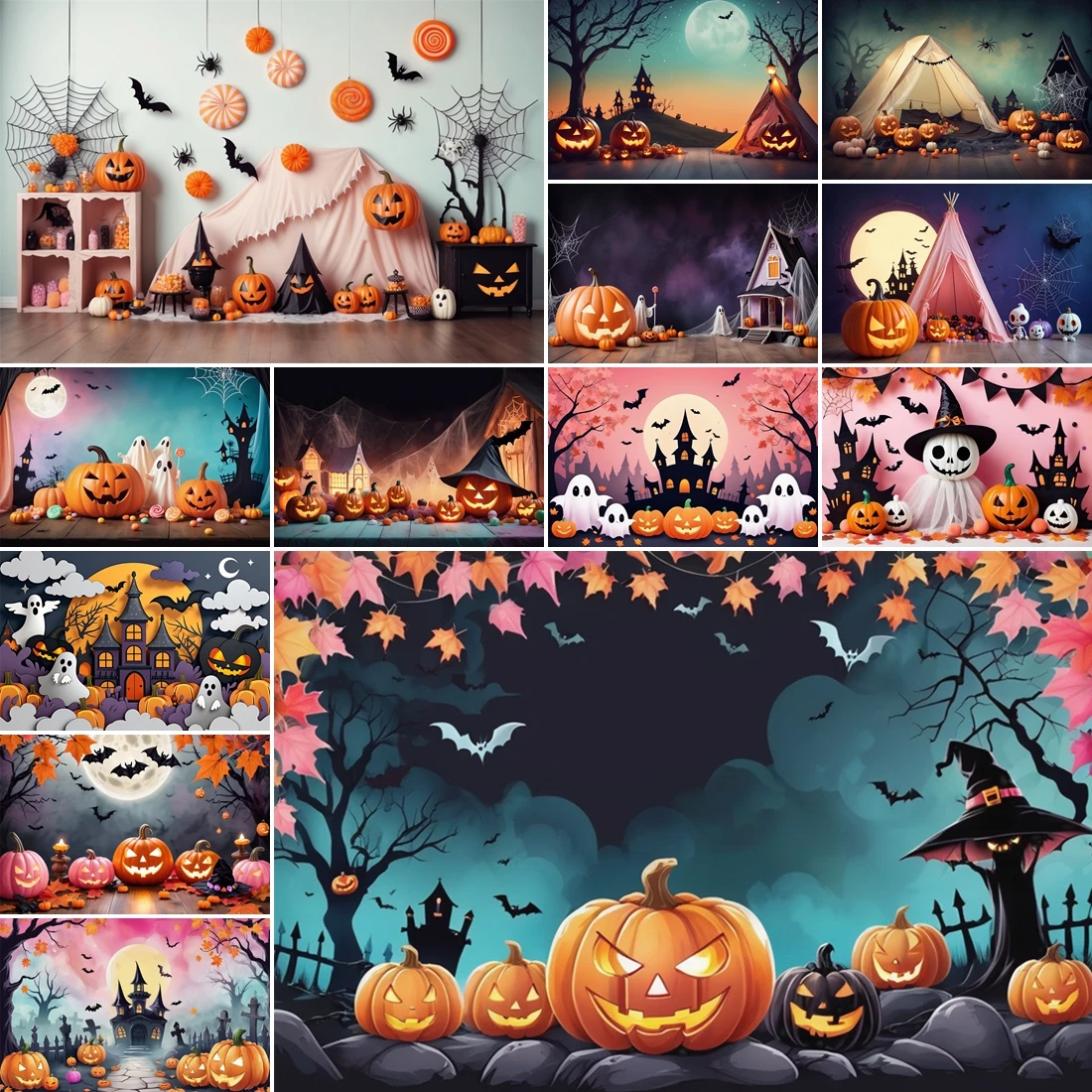 

MOON.QG 2025 Halloween Wall Decoration Photography Pumpkin Lanterns Autumn Leaves Ghost Background Baby Shower Home Backdrop
