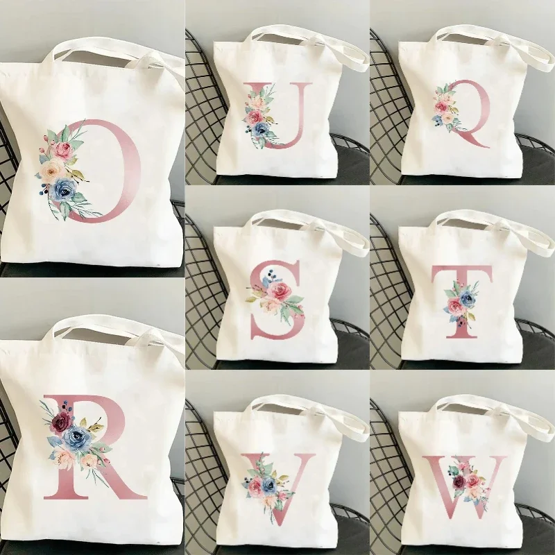 Fashion Customized Name Canvas Bag Women's Travel and Leisure One Shoulder Handbag Pink Letter Large Capacity Gift White Canvas