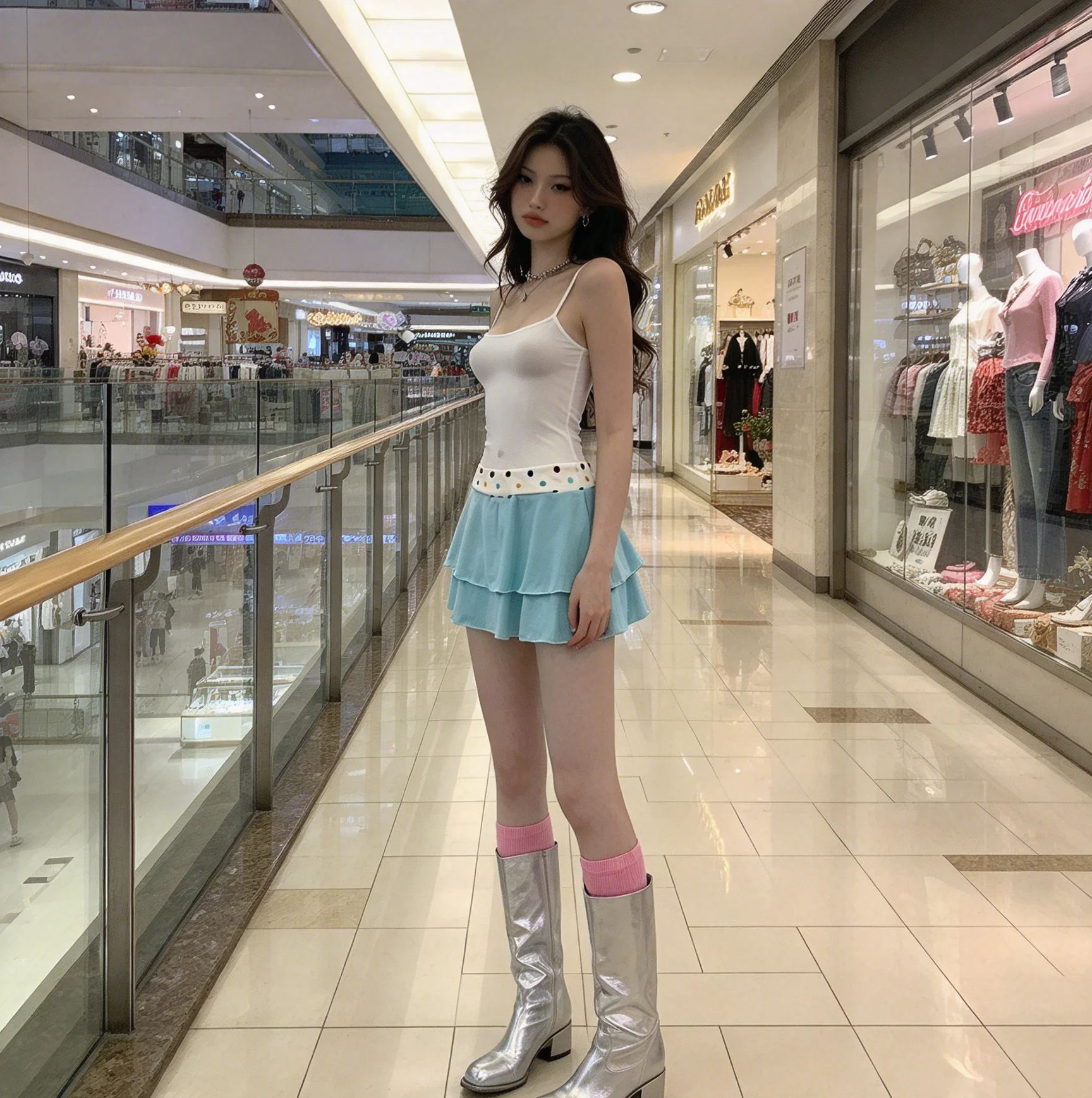 Millennial Retro-style Light Blue Polka-dot Ruffled Skirt With a Sassy, Girl-next-door Vibe