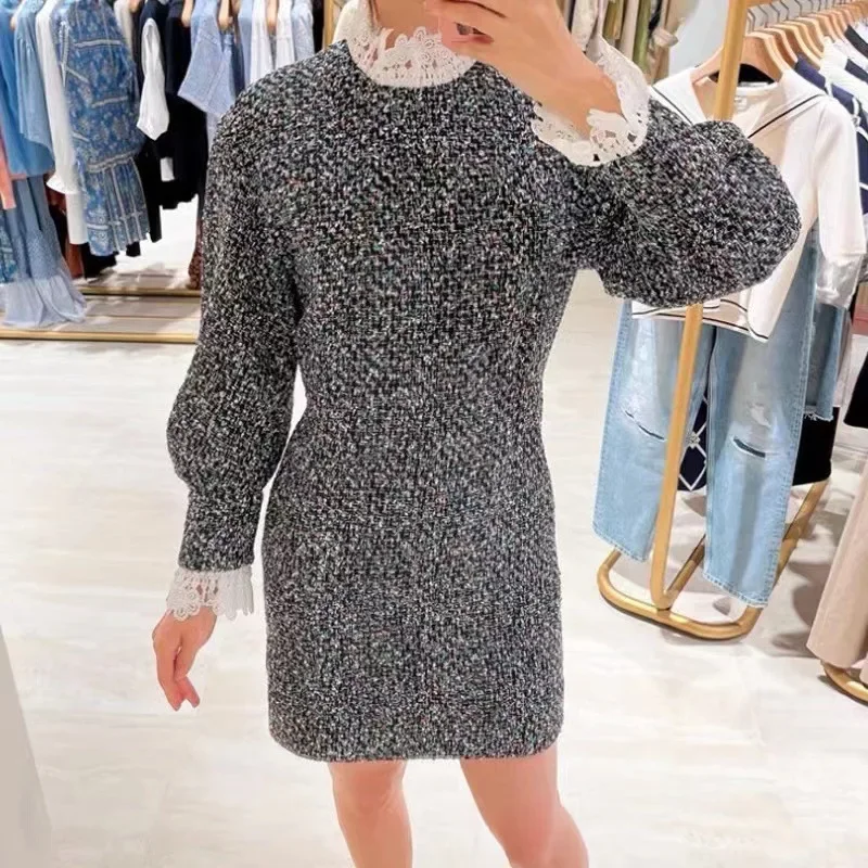 

Vintage Long Sleeve Tweed Dress for Women Casual Lace O-neck Mini Autumn Dresses 2023 Office Wear Knitted High Waist Vestidos