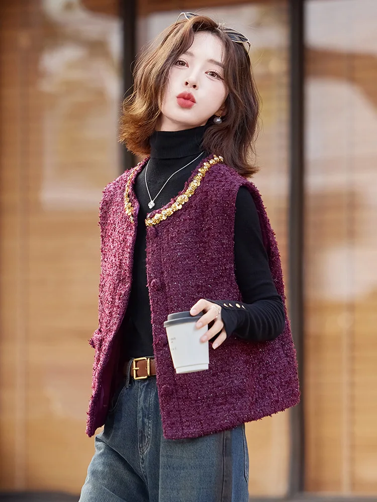 

Женский жилет с пайетками iny, модный круглый топ без рукавов, маленький ароматный жилет, осеннее новое поступление, универсальный легкий жилет...