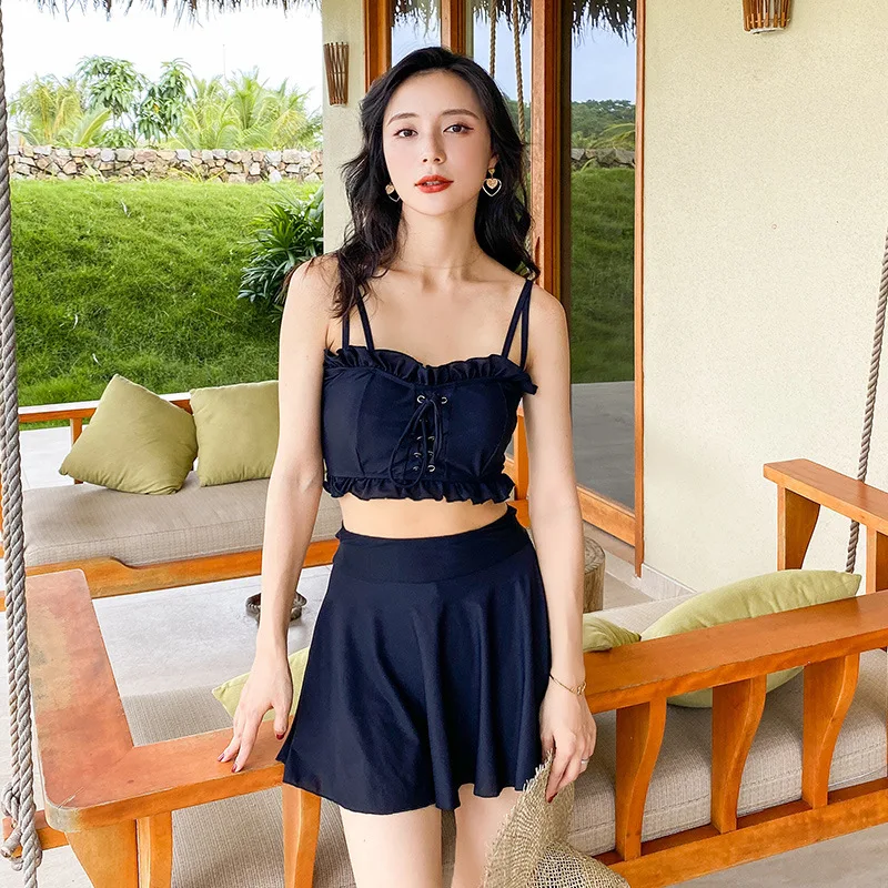 2024 Trendy Simple Fresh Mujer Bikinis For Woman High Waist Solid Black Backless Biquini Skirt Two Piece Ruffle Lace-up swimsuit