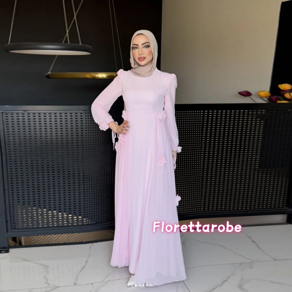 Customized Pink A-Line High Neck Long Sleeve Prom Dress 3D Flower vestidos de noche Evening Dresses