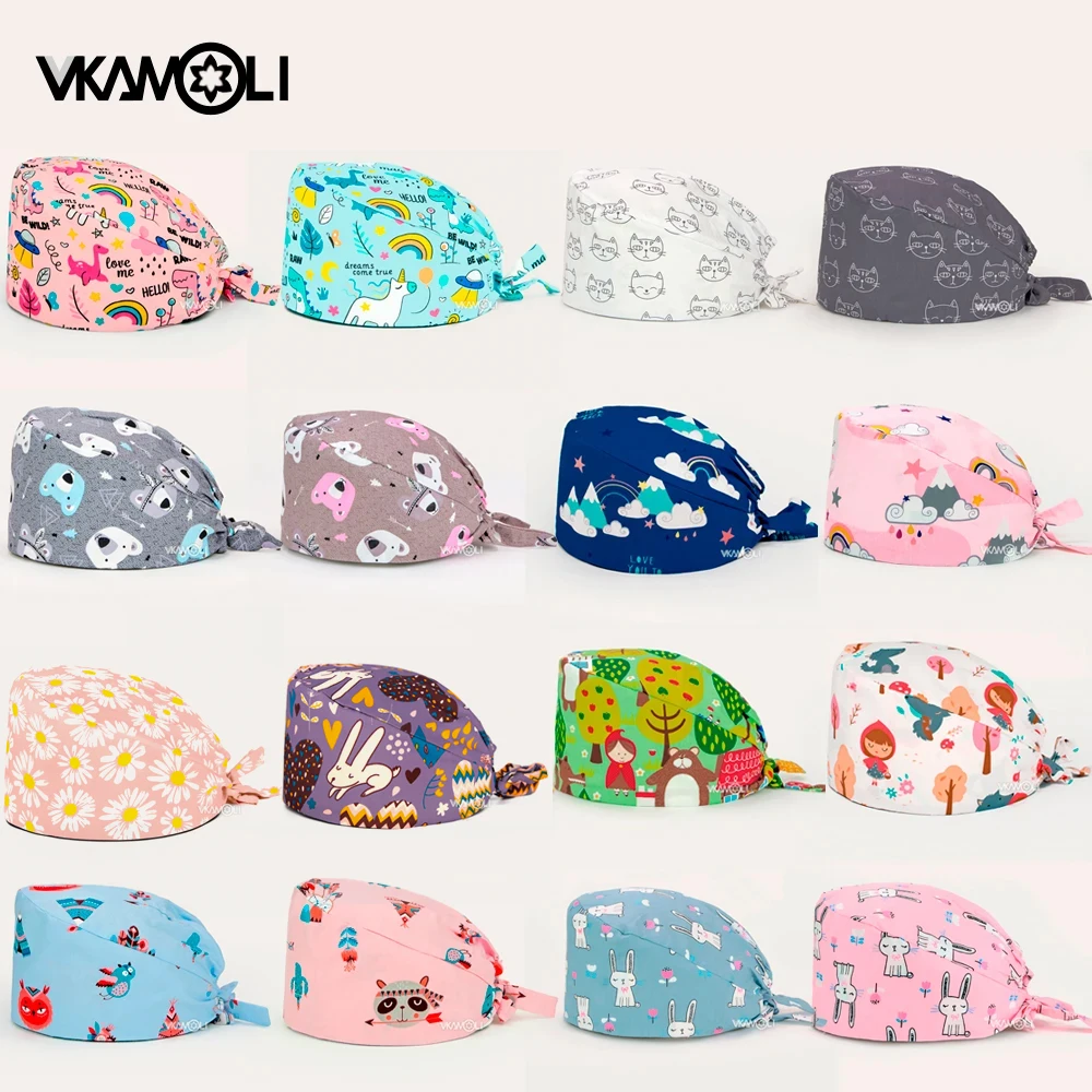 Wholesale prices cartoon printing women and men scrub cap nurses hats for women With sweat towel medical scrubs hat