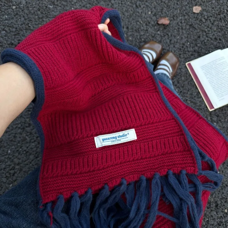 

Корейский стильный вязаный шарф с бахромой, новые зимние женские универсальные ретро термоглушители с кисточками, женские красные шарфы с цветными блоками