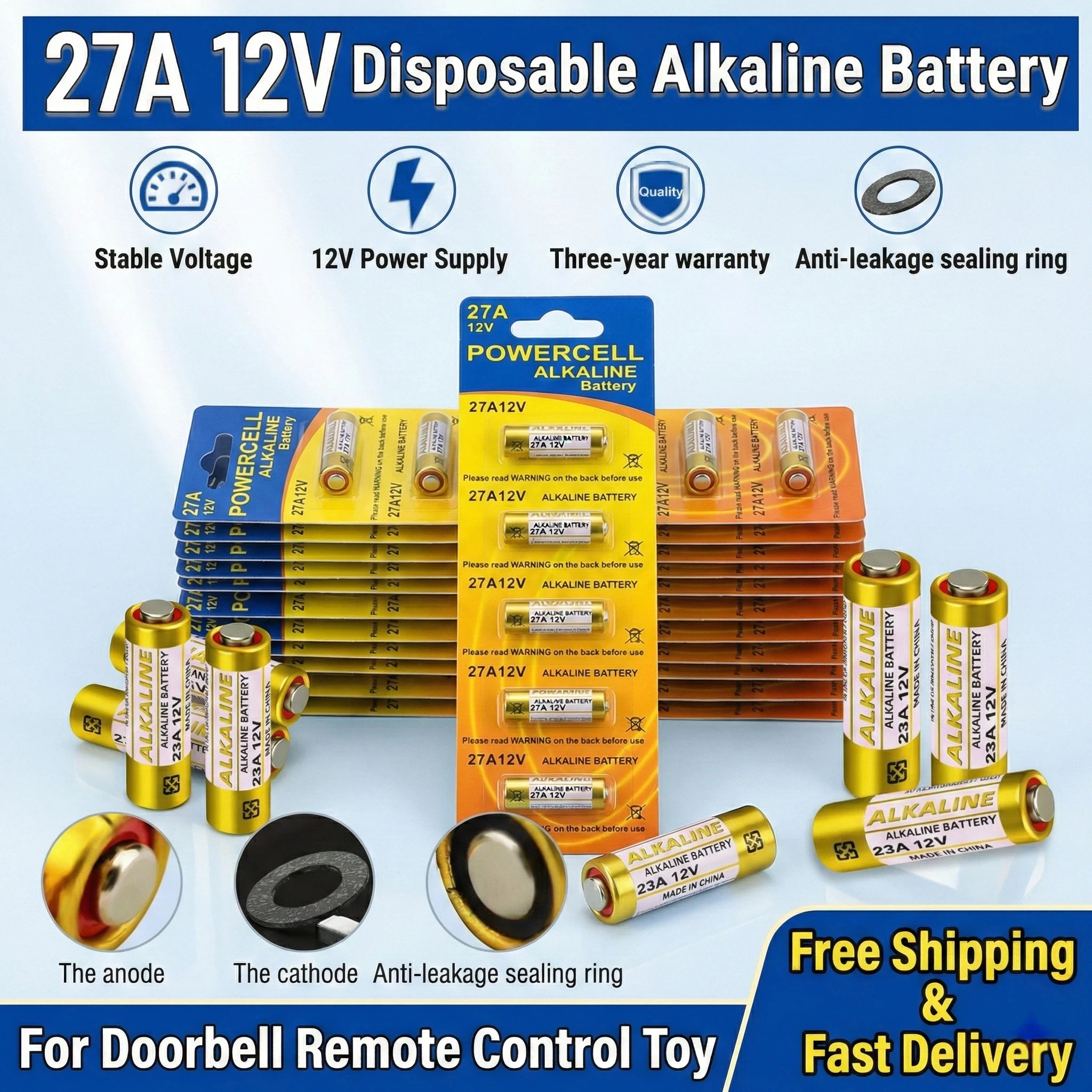 

A27 12V Battery High Power MN27 G27A L828 Alkaline Cell for Remote Control Garage Door Bell Car Key Fob Battery Replacement
