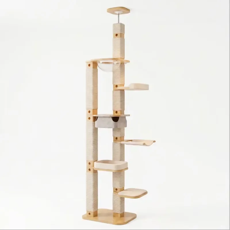 Modern Floor to Ceiling Cat Tree All Solid Wood 4 Layers Space Capsule Hammock Habitat 10x10cm Column High Strength Sisal