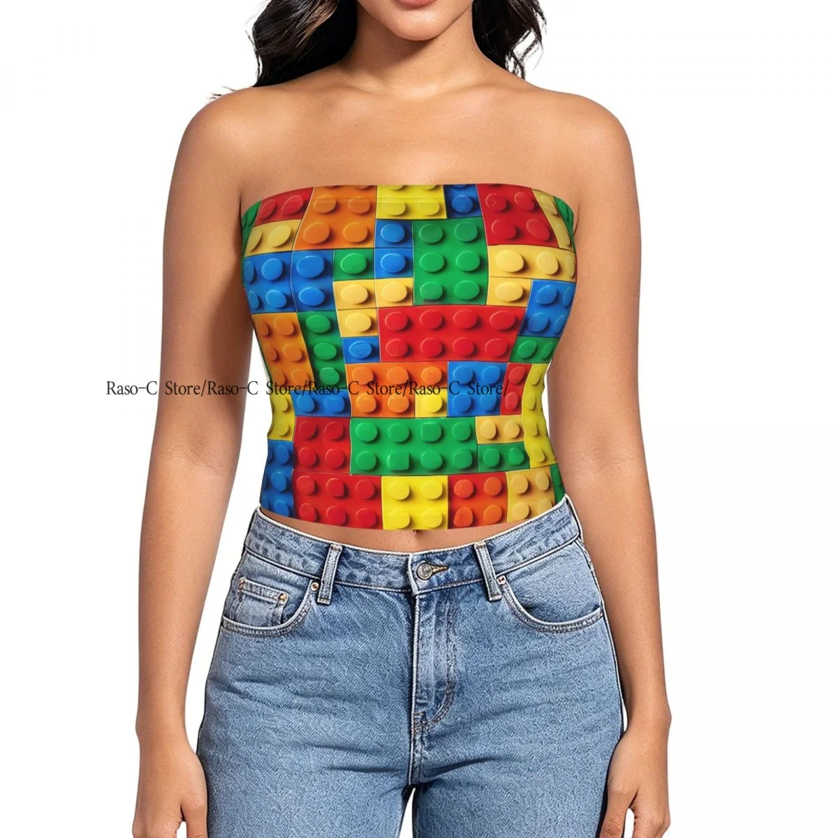 Women strapless blouses sleeveless Colorful Building Blocks Bricks halter-neck sexy short-sleeved blouses