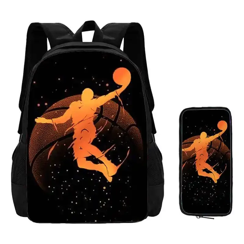 2Pcs Set Basketball Prints School Backpack with Pencil Bags for Kindergarten ,Cartoon Sports School Bags for Boys,Kids Backpack