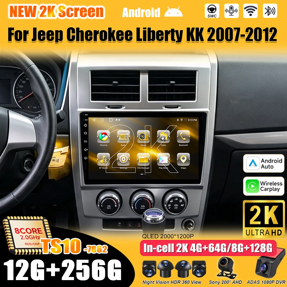 Android 16 For Jeep Cherokee Liberty KK 2007-2012 Car Radio Stereo Head Unit  Multimedia Video Player GPS Navigation 2K QLED RDS
