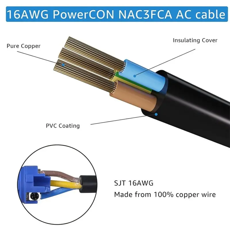 ABMR-3-Prong NEMA 5-15P To Powercon Cable 20A 3 Pin Powercon Input Connector To NEMA 5-15P Connector Cord 16AWG US Plug