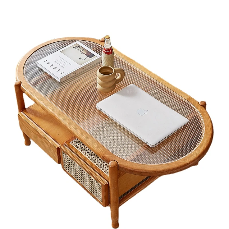 

Hxl Solid Wood Silent Wind Rattan Tea Table Living Room Oval round Table Log Changhong Glass