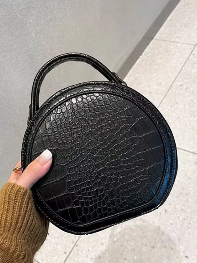 Women Handheld Diamonds Patchwork Crocodile Grain Genuine Leather Small Round Bag Single Shoulder Lady Underarm Crossbody Bag