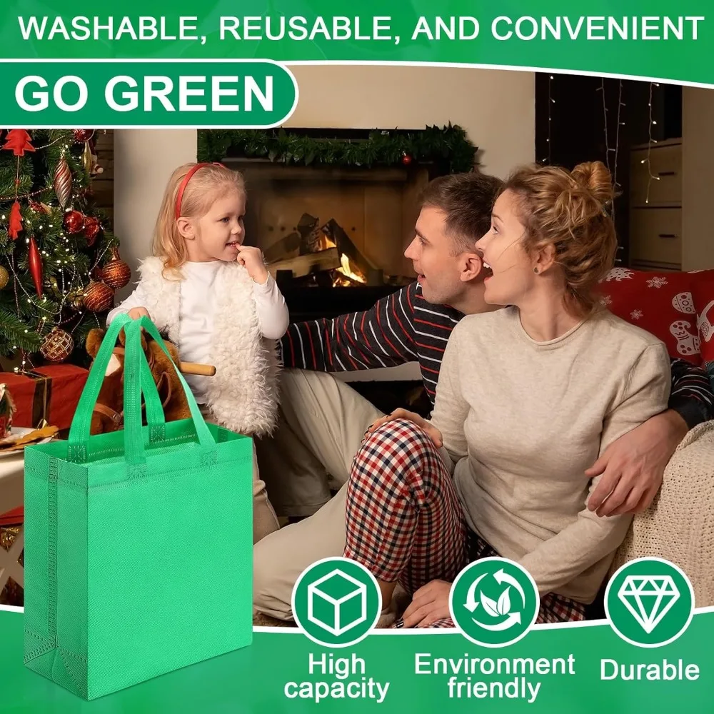 Herbruikbare draagtassen bulk, 200 stuks, 8x4x10 inch, niet-geweven, groene boodschappentassen met handvatten voor cadeaubakken
